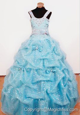 Bowknot Ball Gown Straps Aqua Blue Beading Little Girl Pageant Dresses For Custom Made
