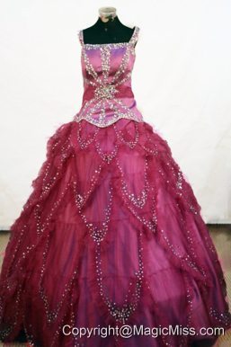 Beading Square Elegant Tulle Ball Gown Little Girl Pageant Dresses Floor-length Fuchsia