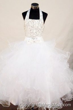 Beading Sweet Ball gown Halter Floor-length Organza White Little Girl Pageant Dresses