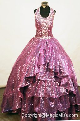 Sequins A-line Halter Floor-length Fuchsia Paillette Beading Little Girl Pageant Dresses