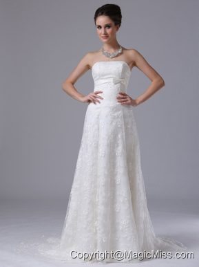 Carroll Iowa Bowknot Column Strapless Hall Exquisite Wedding Dress With Lace