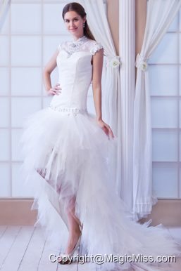 Beautiful A-line High-neck Court Train Tulle Beading Wedding Dress