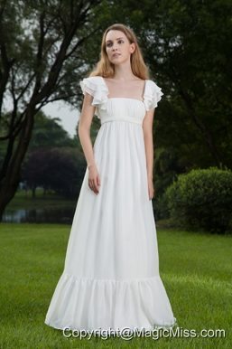 White Empire Square Floor-length Chiffon Ruch Wedding Dress