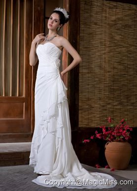 Simple Column Sweetheart Court Train Chiffon Ruch Wedding Dress