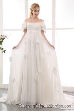 Simple Empire Off The Shoulder Chapel Train Chiffon Lace and Hand Made Flowers Maternity Dress
