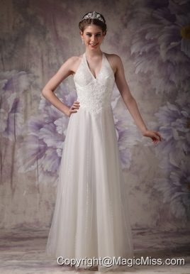 Perfect Column Halter Floor-length Tulle Beading Wedding Dress