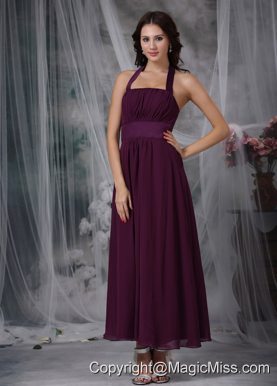 Burgundy Empire Halter Ankle-length Chiffon Ruch Prom / Evening Dress