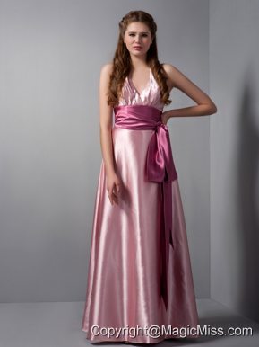 Pink Column V-neck Floor-length Elastic Woven Satin Sash Prom Dress