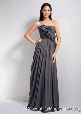 Dark Grey Empire Strapless Floor-length Chiffon Hand Made Flowers Bridesmaid Dress