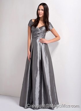 Grey A-line V-neck Floor-legnth Taffeta Ruch Bridesmaid Dress