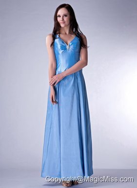 Baby Blue Cloumn V-neck Ankle-length Taffeta Beading Bridesmaid Dress