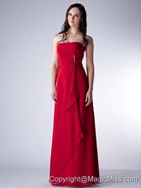Wine Red Column Strapless Floor-length Chiffon Beading Bridesmaid Dress