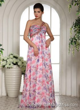 Beaded Decorate One Shoulder Printing Chiffon Prom Dress For Custom Made In Gardiner