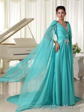 Long Sleeves V-neck Turquoise Chiffon Wonderful Prom Dress With Appliques and Beading