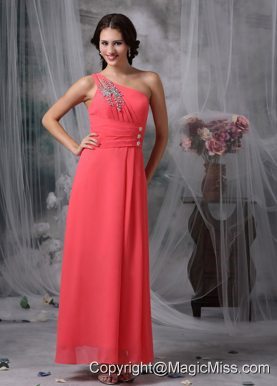 Coral Red Empire One Shoulder Ankle-length Chiffon Beading Prom / Evening Dress