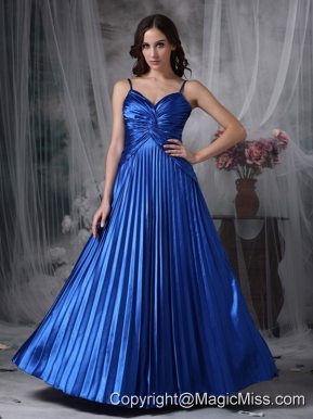Custom Made Royal Blue A-line Straps Evening Dress Elastic Woven Satin Ruch Floor-length