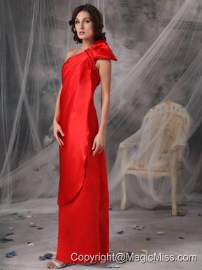 Red Column One Shoulder Floor-length Elastic Woven Satin Ruched Prom Dress
