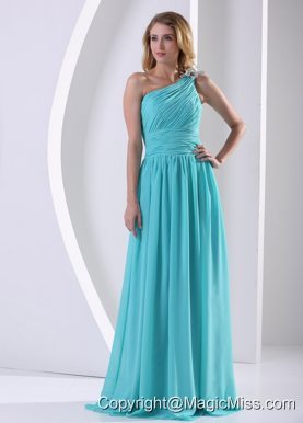 One Shoulder Ruched Bodice Aque Blue Bridesmaid Dress For Wedding Party