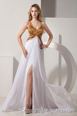 White A-line V-neck Brush Train Satin and Chiffon Beading Prom / Evening Dress