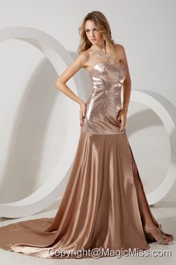 Champagne Empire Sweetheart Court Train Sequin and Elastic Woven Satin Prom / Evening Dress