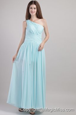 Light Blue Empire One Shoulder Ankle-length Chiffon Ruch Prom Dress