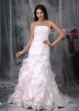 Cute A-line Strapless Brush Train Organza Ruch Wedding Dress