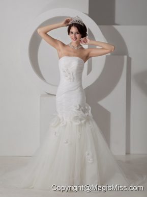 Beautiful Mermaid Strapless Court Train Tulle Ruch and Hand Made Flowers Wedding Dress