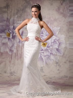 Beautiful Mermaid High Neck Court Train Lace Beading Wedding Dress