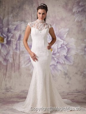 Elegant Mermaid High Neck Court Train Lace Beading Wedding Dress