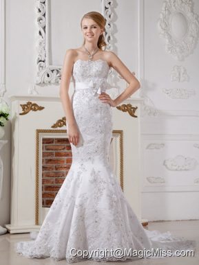 Luxurious Mermaid Strapless Court Train Lace Sash Wedding Dress