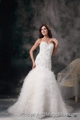 Elegant Mermaid Sweetheart Brush Train Feather Beading Wedding Dress