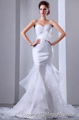 Fashionbale Mermaid Spaghetti Straps Brush Train Satin and Organza Ruffles Wedding Dress