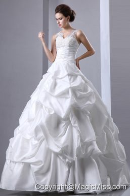 Elegant A-line V-neck Floor-length TaffetaRuch and Appliques Pick-ups Wedding Dress