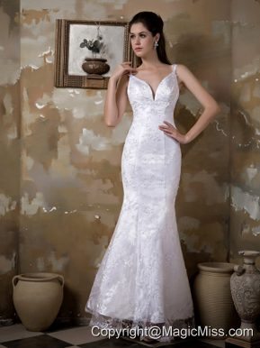 Fashionbale Mermaid Straps Floor-length Satin and Lace Wedding Dress