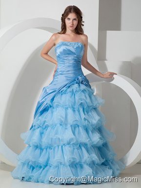 Affordable Baby Blue A-line Strapless Hand Flowers Prom Dress Floor-length Organza
