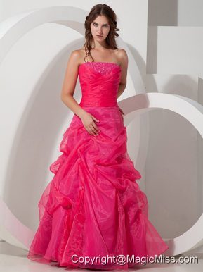 Customize Hot Pink A-line Strapless Beading Prom Dress Floor-length Organza