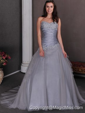 Grey A-line Sweetheart Court Train Taffeta and Tulle Appliques Prom Dress