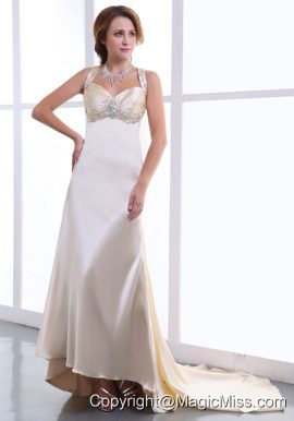 Beading and Ruching Decorate Bodice Champagne Watteau Train Straps Elastic Woven Satin 2013 Prom Dress