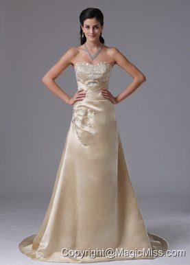 Branford Connecticut City Champagne A-line Appliques Decorate Stylish Prom Dress With Saitn