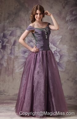 Elegant Dark Purple A-line Off The Shoulder Prom Dress Taffeta and Organza Beading Floor-length