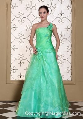 Turquoise One Shoulder Prom Dress For 2013 A-line Gown Hand Made Flowers Organza