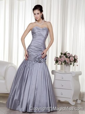 Grey A-line Sweetheart Floor-length Taffeta Hand Made Flowers Prom Dress