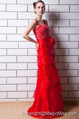Red Column Straps Floor-length Organza Beading Prom Dress