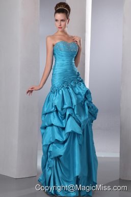 Blue Column Sweetheart Floor-length Taffeta Beading and Pick-ups Prom Dress