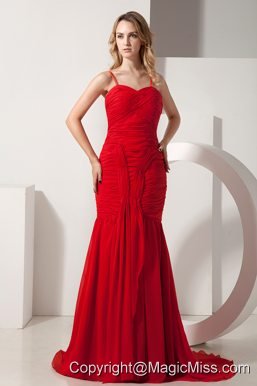Red Mermaid Spaghetti Straps Brush Train Chiffon Ruch Prom Dress