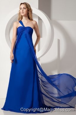 Royal Blue A-line One Shoulder Brush Train Satin and Chiffon Ruch Prom / Evening Dress