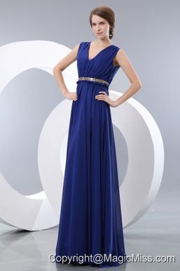 Modest Royal Blue Prom / Evening Dress Empire V-neck Brush Train Chiffon Belt Junior