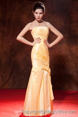 Cheap Gold Prom Dress Mermaid Strapless Floor-length Taffeta Ruch