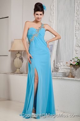 Modest Aqua Blue Empire One Shoulder Prom Dress Chiffon Beading Floor-length