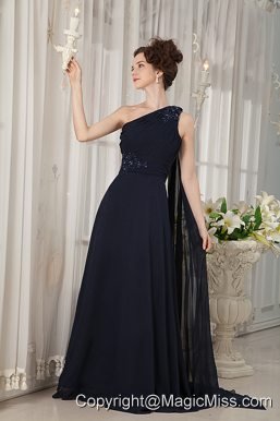 Navy Blue Mother Of The Bride Dress Empire One Shoulder Watteau Train Chiffon Beading